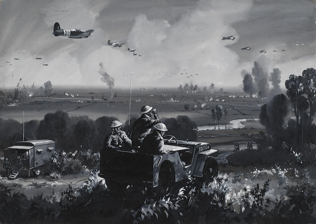 "How the Air Arm assists the Land Forces in the Normandy battle Zone." by Roland Davies published in The Sphere No. 2322, cover dated 22nd June 1944. Auctioned by Bonhams in 2014, it is probably based on a photograph, showing the RAF and US Army cooperating in directing fighters onto German targets on the Normandy plain. 