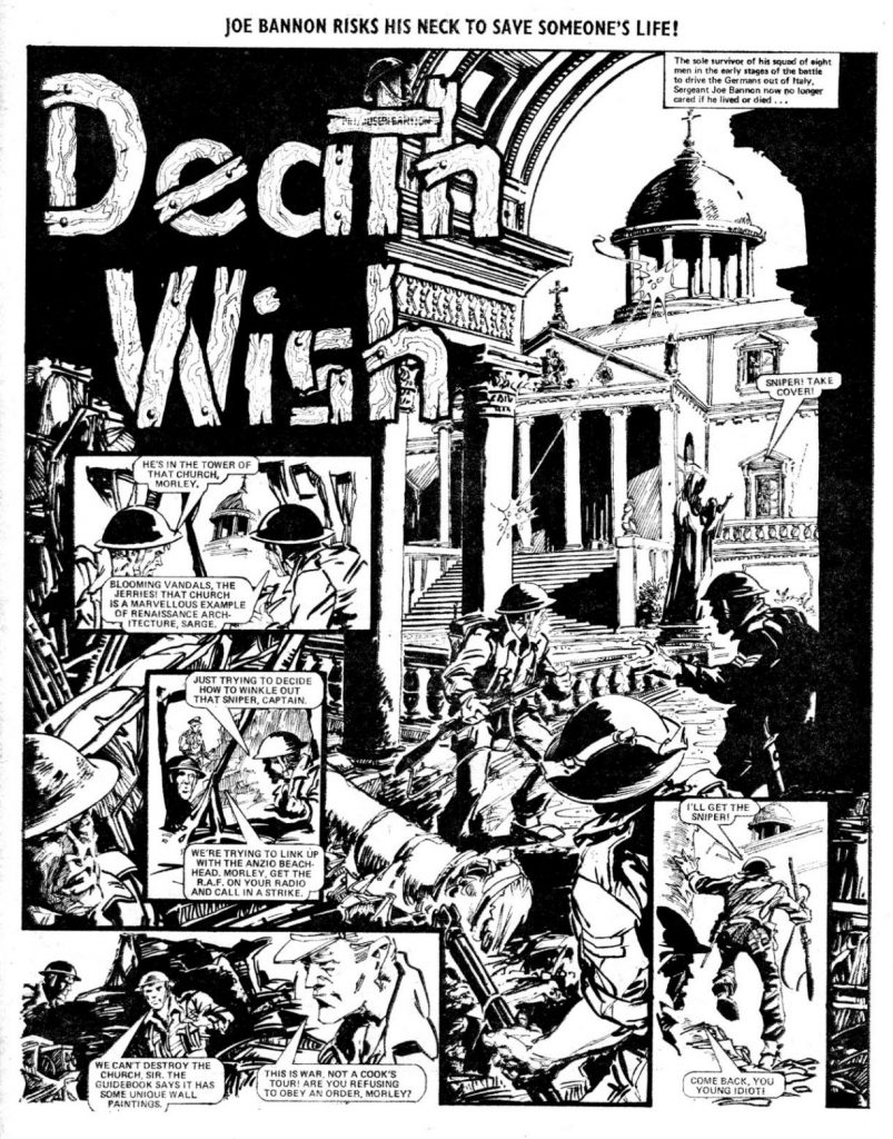 A page from the Valiant war strip "Death Wish", art by Ian Gibson for an episode published in the issue cover dated 12th June 1976. Deathwish began in Valiant in December 1975, drawn by Spanish artist Luis Collado Coch