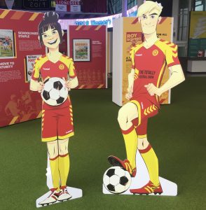 Rocky and Roy Race cut outs at the 65th anniversary Roy of the Rovers exhibition at Manchester's Football Museum. Image: Rebellion Publishing