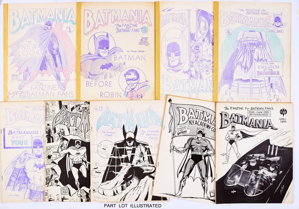 Batmania US fanzine (1964-67) 1-16, 19, 23. Published in 1964 by Bill (Billjo) White in Columbia, Missouri, Batmania was produced for 'Batmanions' as the unofficial fanzine for Batman fans. He sent the first issue to DC editor, Julius Schwartz who adopted it and publicised the fanzine in Batman # 16
