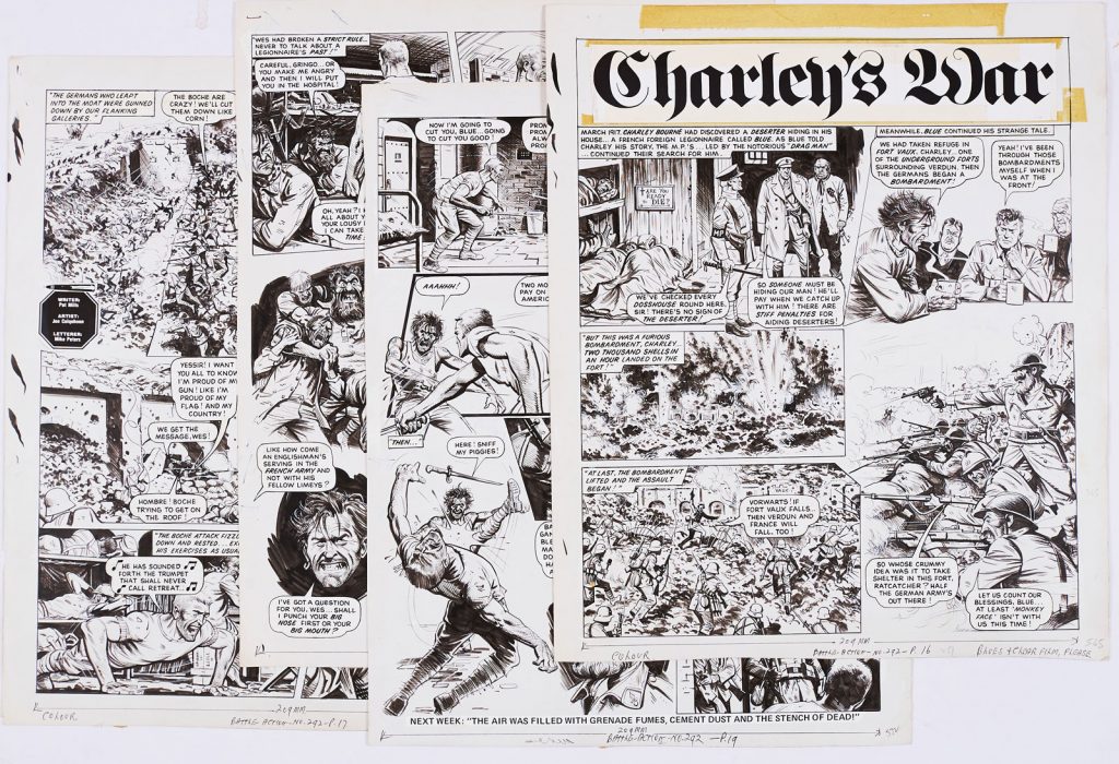 Charley's War: four original artworks by Joe Colquhoun, written by Pat Mills, from Battle-Action 292 (1981) . A complete episode. Charley Bourne discovers a deserter hiding in his house - a French Foreign legionnaire named Blue, who recounts the horror of the front line at Verdun, when a deadly fight breaks out in the house