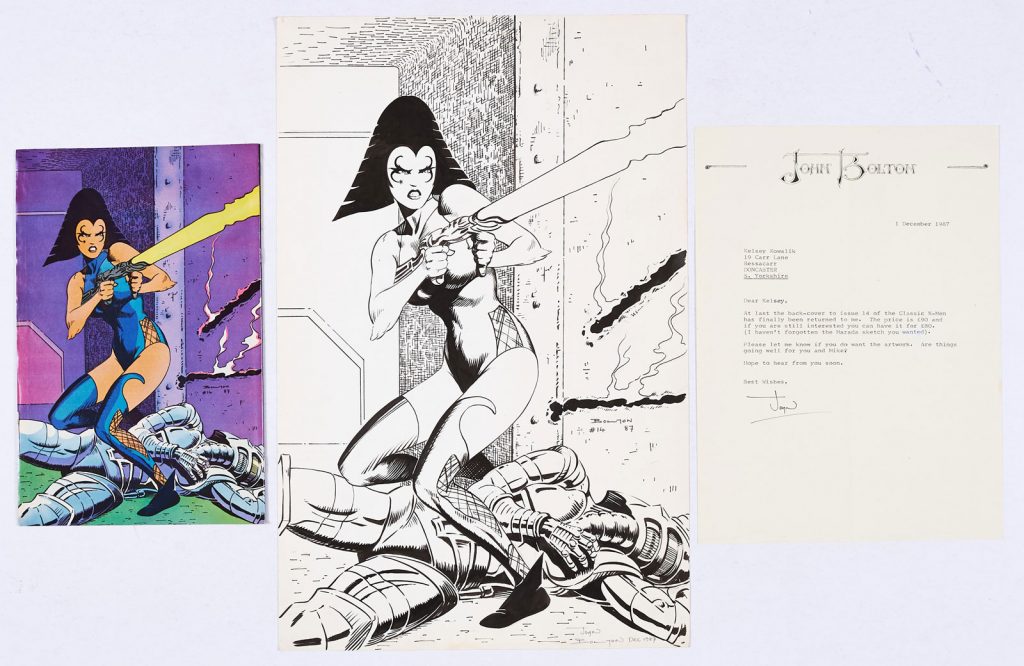 Classic X-Men 14 (1987) Original back cover artwork of Princess Lilandra drawn and signed by John Bolton. With John Bolton headed and signed letter of provenance dated 1 December 1967 and Classic X-Men # 14.