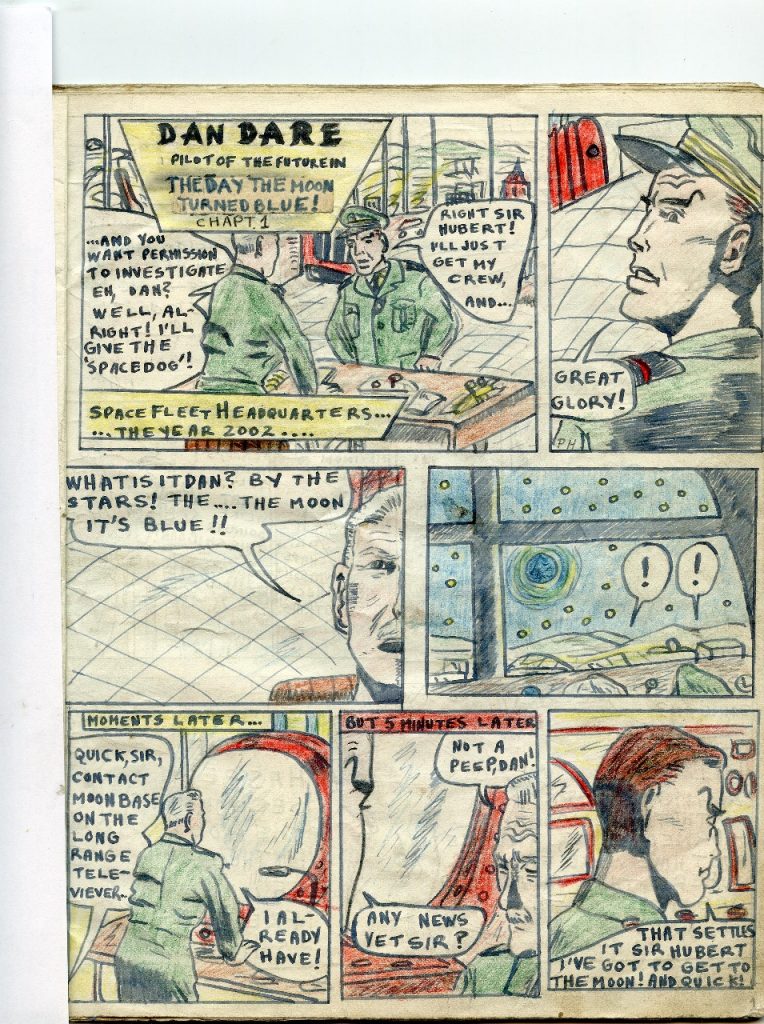 The opening page of Dan Dare in "The Day The Moon Turned Blue", written and drawn by Philip Harbottle in December 1953 - perhaps one of the earliest surviving pieces of Dan Dare fiction
