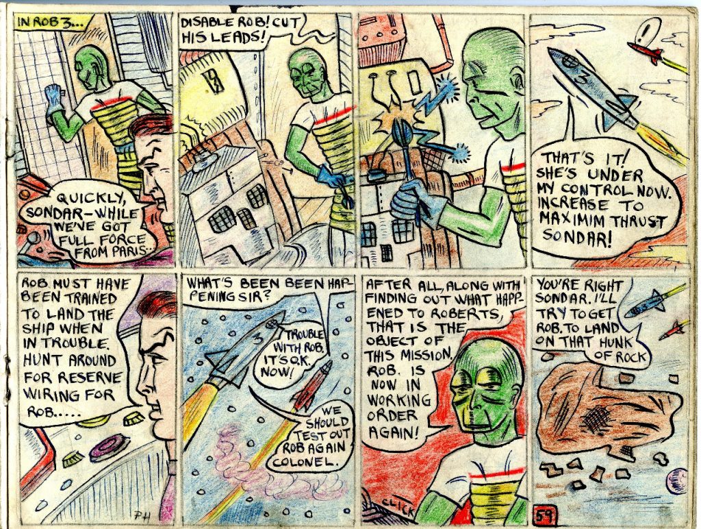 A page from Philip Harbottle's comic strip adaptation of "The Adventures of Dan Dare - Robot Army"