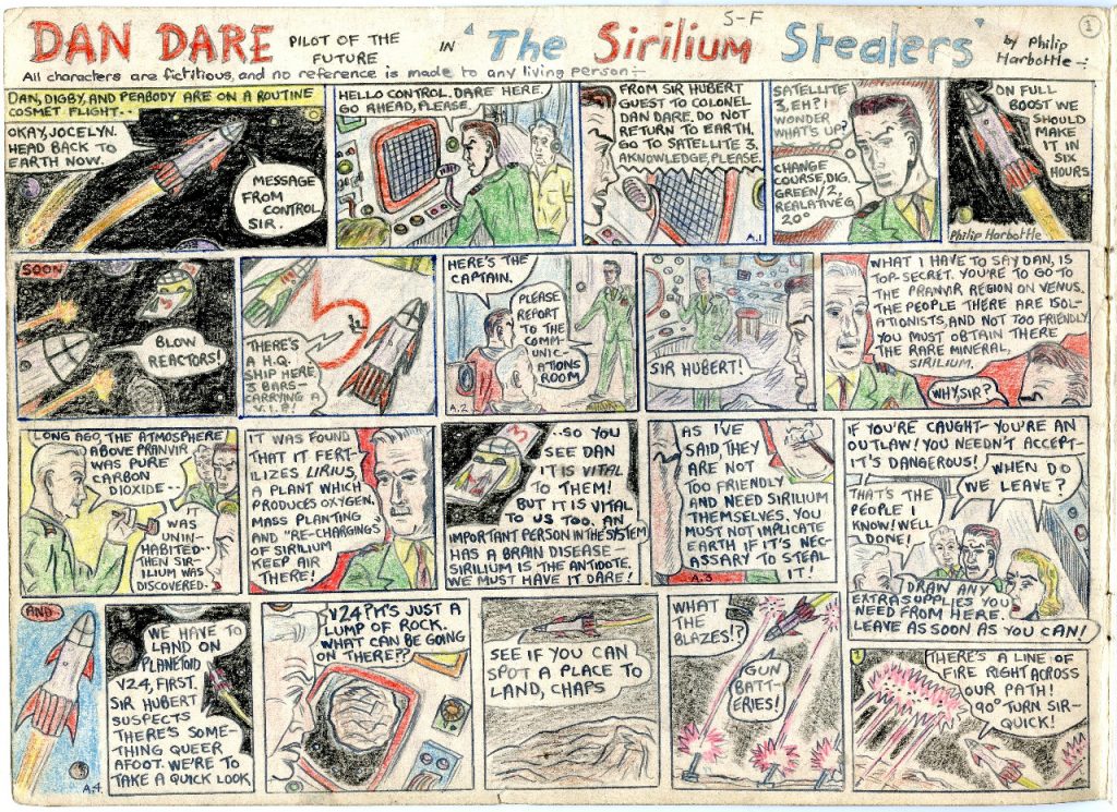 A page from Philip Harbottle's comic strip adaptation of "The Adventures of Dan Dare - The Sirilium Stealers", drawn in 1955