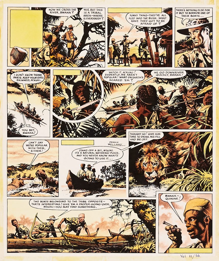 Fraser of Africa/Eagle original artwork (1960) drawn, painted and signed by Frank Bellamy from The Eagle Vol. 11: No 36. From the Bob Monkhouse Archive. As part of his research, Bellamy had corresponded with a farmer in Kenya who had advised him on the wildlife he depicted and, ever the perfectionist, he used a limited palette of yellows and browns to capture the parched East African landscape. This page is Episode 5 of Bellamy's first Fraser of Africa story
