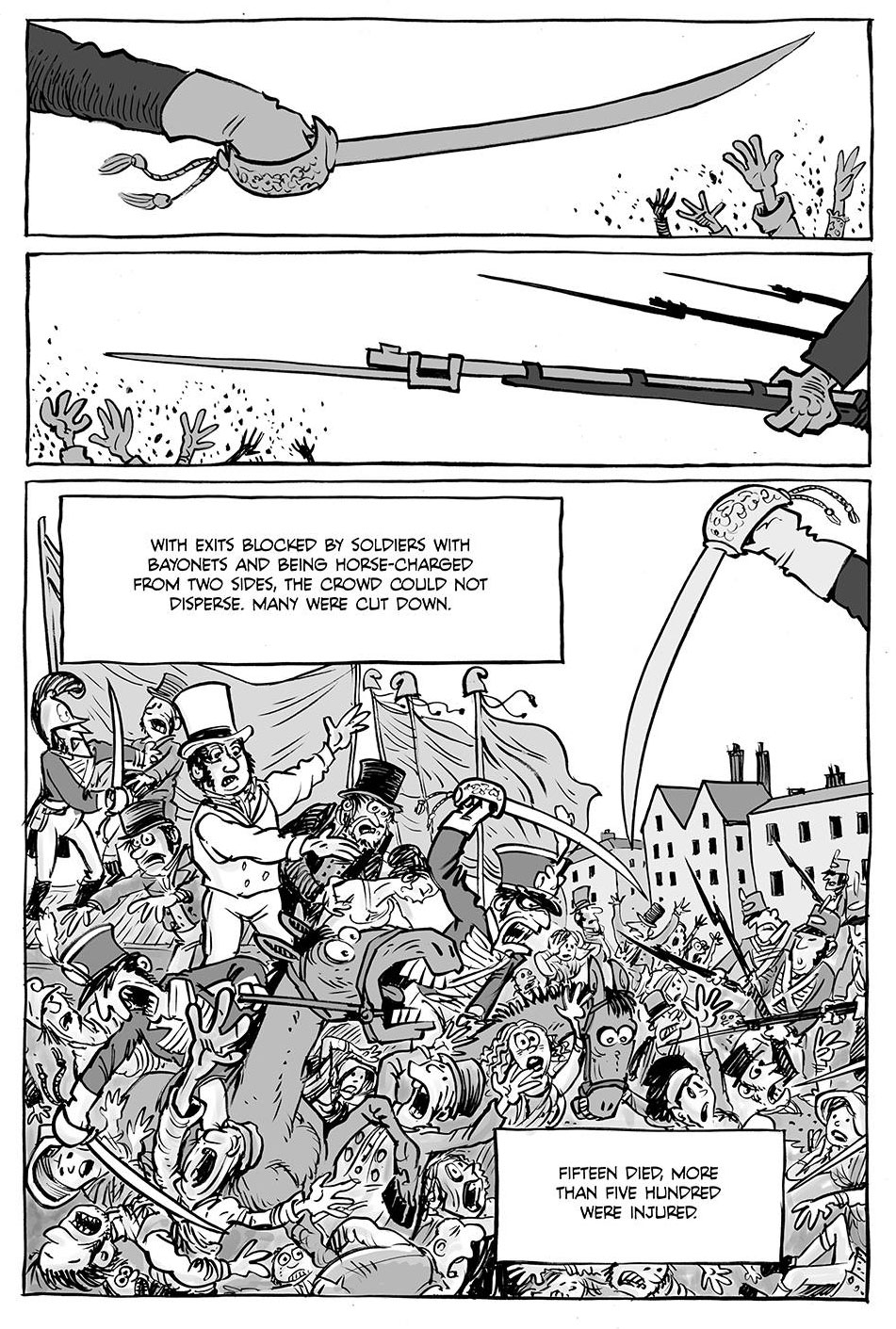 A page from the Peterloo chapter in Fight The Power, by Ben Dickson and Hunt Emerson