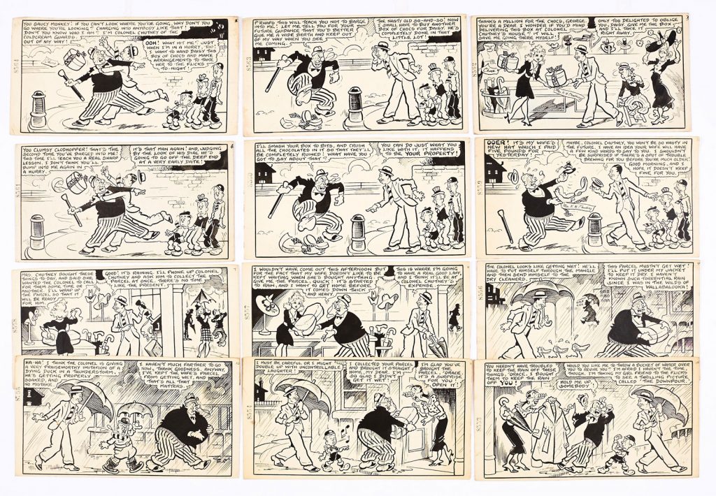 George Formby original artwork in 12 complete story panels by George Wakefield from Film Fun 16 May 1942. George bumps into Colonel Chutney who tramples his box of chocs, then the Colonel tramples his own box, then it starts to rain…