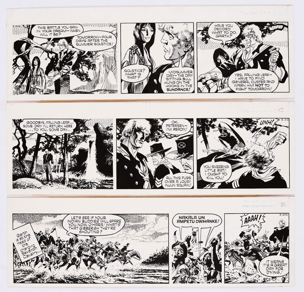 Garth: 3 original artworks (1971) by Frank Bellamy from the Daily Mirror 1st/8th/25th September 1971. From the Bob Monkhouse Archive. Garth and General Custer lead the 7th Cavalry charge against Sitting Bull. Indian