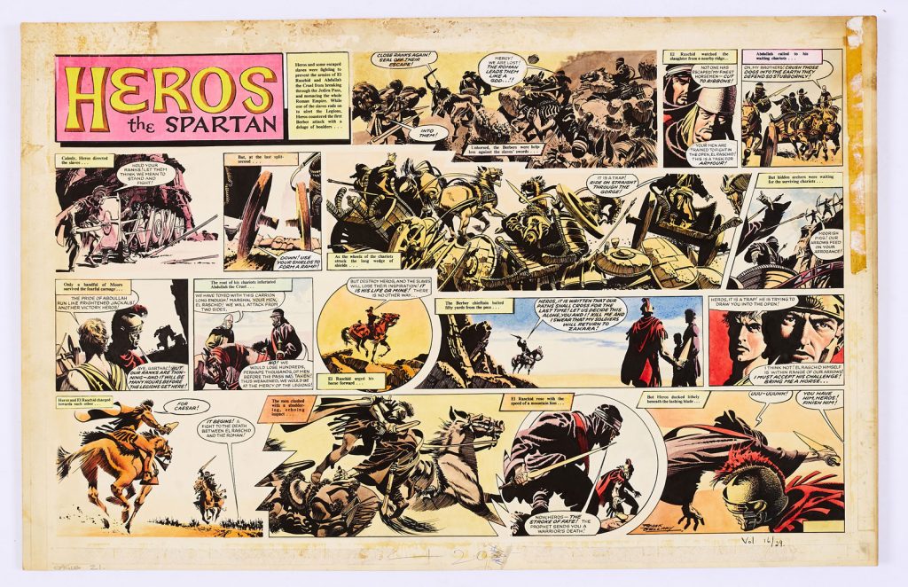 Heros The Spartan double-page original artwork (1965) painted and signed by Frank Bellamy from The Eagle Vol. 16 No 29, 1965. From the Bob Monkhouse Archive. Heros and his renegade slave army counter a ferocious attack from the Berbers and Abdullah the Cruel until the Berber Chieftain, El Raschid, challenges Heros to a deadly duel...
