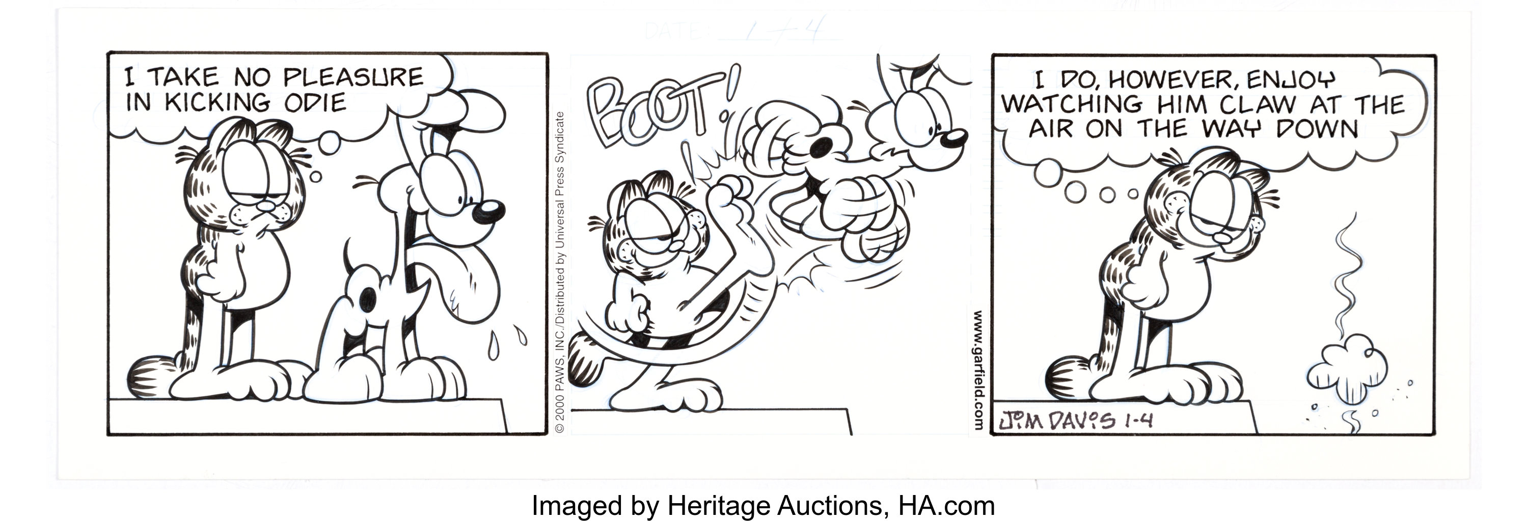 This Jim Davis "Garfield" Daily Comic Strip Original Art dated 1-4-00 (PAWS/Universal Feature Syndicate, 2000) sold for just over $1000 in a recent Heritage Auction. From the Jim Davis Collection.