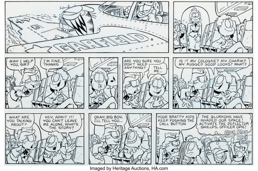 This Garfield Sunday Comic Strip Original Art dated 26th march 1995 (United Feature Syndicate, 1995) goes under the Heritage Auctions hammer in November. An in-flight misunderstanding courtesy of John's boys, on this Garfield Sunday. Created in ink over graphite and blue pencil and is Plexiglass framed and matted area of 20" x 14" and an overall size of 29" x 23". Includes a Certificate of Authenticity, signed by Jim Davis. In Excellent condition.