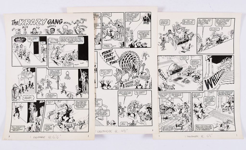 Krazy Gang artworks (1978) by Bob Hill from Krazy Comic. From the Bob Monkhouse Archive. Brainy, Sporty, Cheeky, Freaky, Liz, Ed and Blue visit the museum and foil a plot to steal the silver (silver foiled!) 