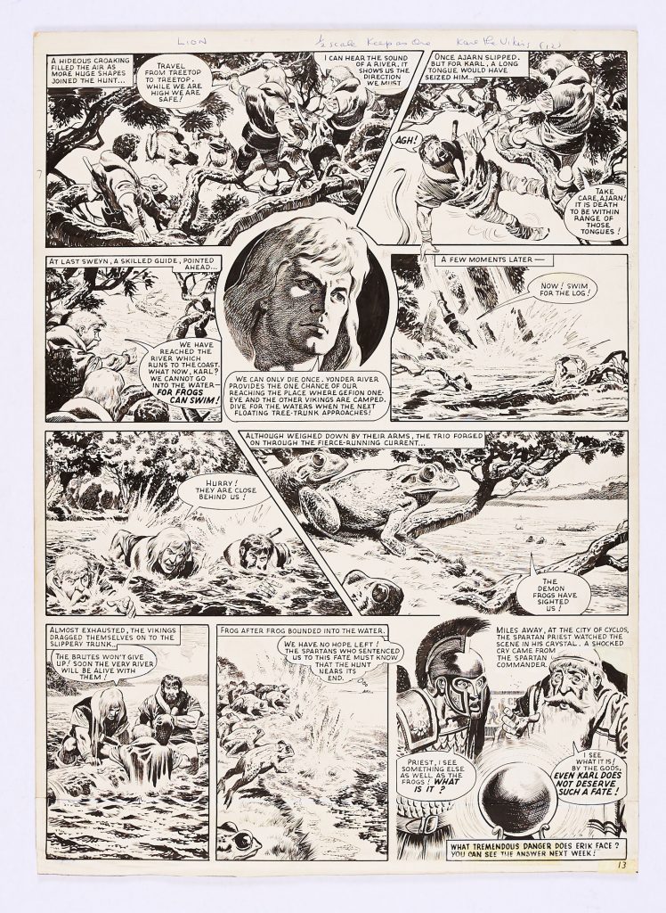 Karl The Viking original artwork (1963) by Don Lawrence for Lion 6 April 1963. From the Bob Monkhouse Archive. Karl and his small Viking band are attacked by killer amphibians …