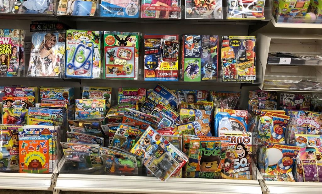 Just some of the comics and children's magazines on sale in Sainsbury's Lancaster, in August 2019