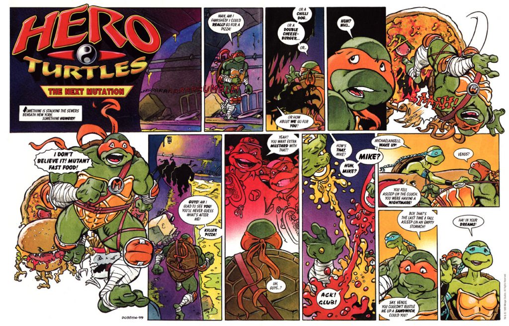"Teenage Mutant Ninja Turtles" for the BBC's FBX magazine, published in 1999. Art by Nigel Dobbyn. Just one of many licensed characters he worked on across his career