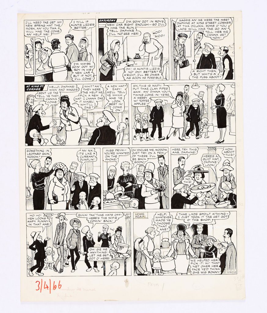 The Broons original artwork (1966) drawn and signed by Dudley Watkins for The Sunday Post 3 April 1966. Maw and Maggie canna make it so Granpaw, Paw and the boys have tae go and help Daphne pick oot a new hat - naturally they do a bit o' modellin'… 
