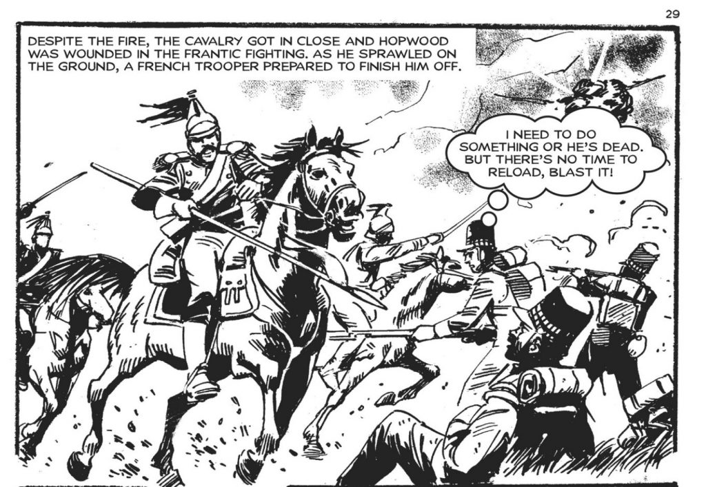 A dramatic scene set during the Battle of Waterloo from Commando Issue 4843 - "Peterloo!”. Art by Carlos Pino