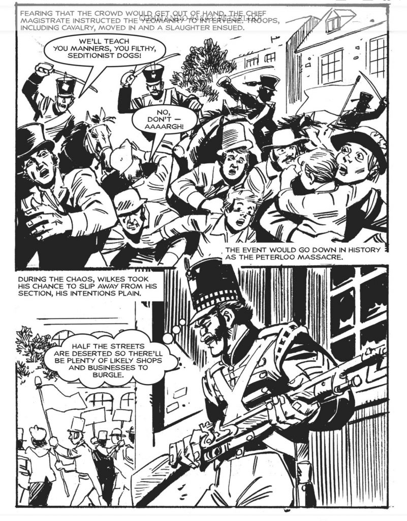 Ferg Handley blends the terror of events of St Peters Field on 16th August 1819 with his fictional tale pitting an honest soldier against a corrupt sergeant. From Commando Issue 4843 - "Peterloo!”. Art by Carlos Pino