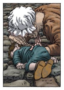 A powerful scene marking the tragic death of young William Fildes at Peterloo in the Peterloo graphic novel