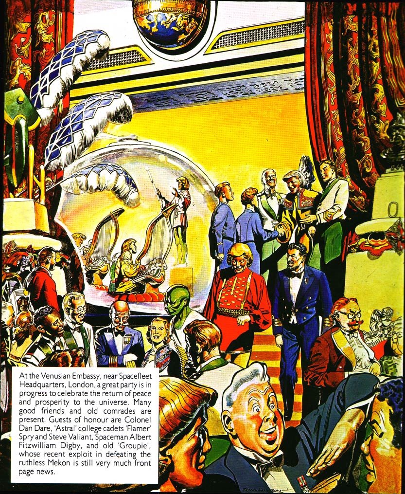 A redrawn opening panel of “Dan Dare: Man from Nowhere” with art by Frank Hampson and Don Harley, work done for the Dragon’s Dream Collection