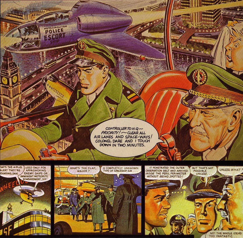 A redrawn opening panel of “Dan Dare: Man from Nowhere” with art by Frank Hampson and Don Harley, work done for the Dragon’s Dream Collection