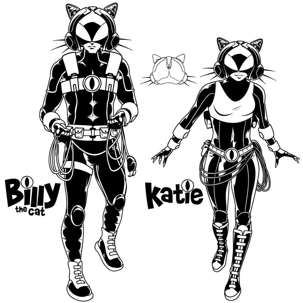 Billy the and Katie the Cat by Nigel Dobbyn, redesigns for a planned reboot for STRIP Magazine. Billy the Cat © DC Thomson Media