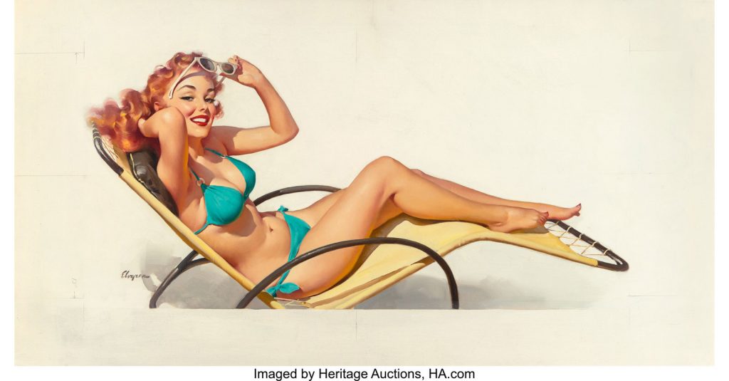 Gil Elvgren Pin-Up in Turquoise Bikini, Simoniz car polish advertisement, circa 1960 