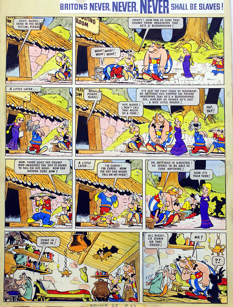 A hand coloured (by Fleetway Studios) bromide from Uderzo original pen and ink art, a page from "Asterix and the Big Fight", published as "Britons Never, Never, Never Shall be Slaves" in Ranger in 1965. Image: The Book Palace