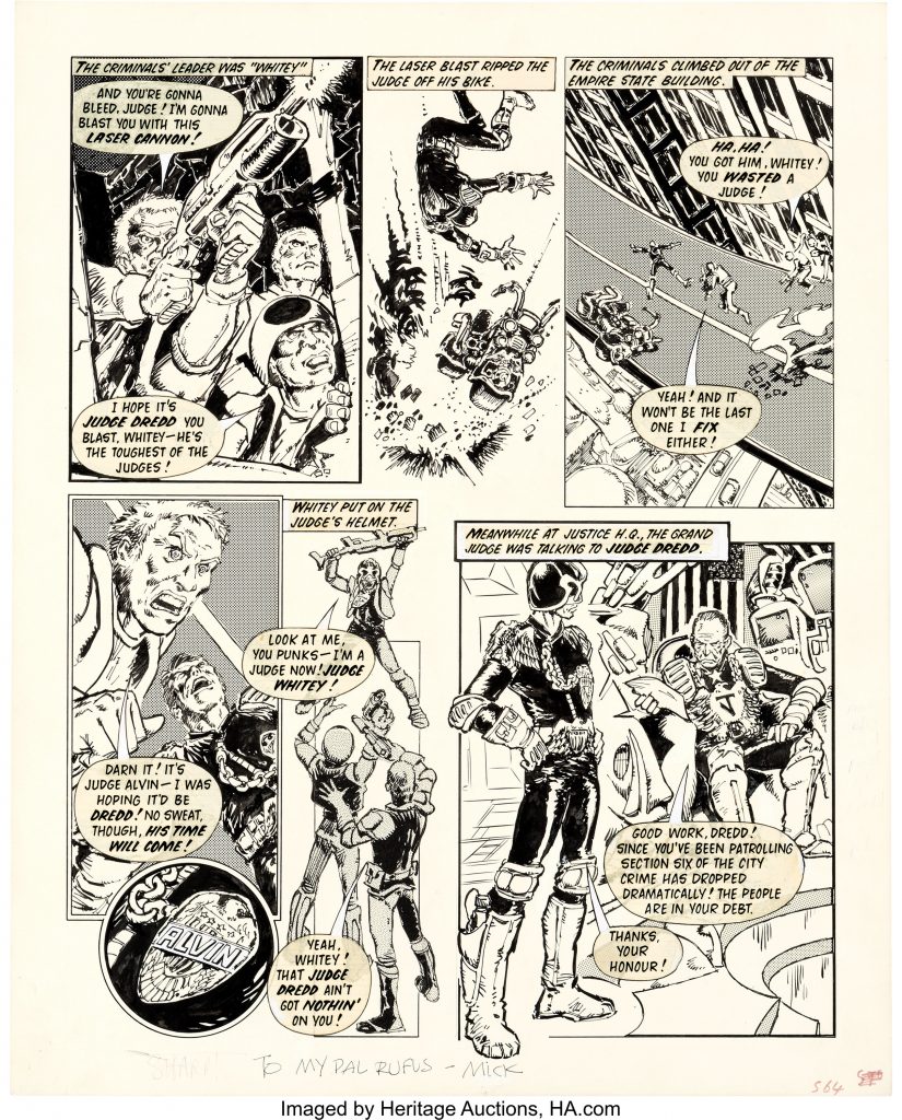Judge Dredd makes his first appearance in 2000Ad. Art by Mick McMahon