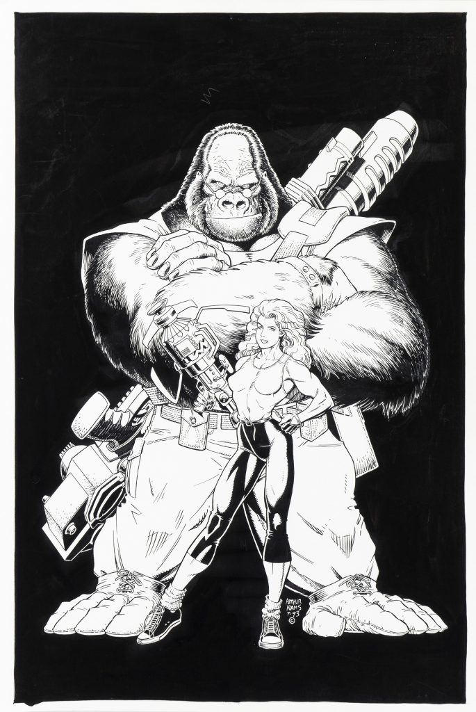 Original illustration by Arthur Adams in July 1993 for the promotion of the first appearance of "Monkeyman and O'Brien" in the pages of Dark Horse Presents #80 in December of the same year