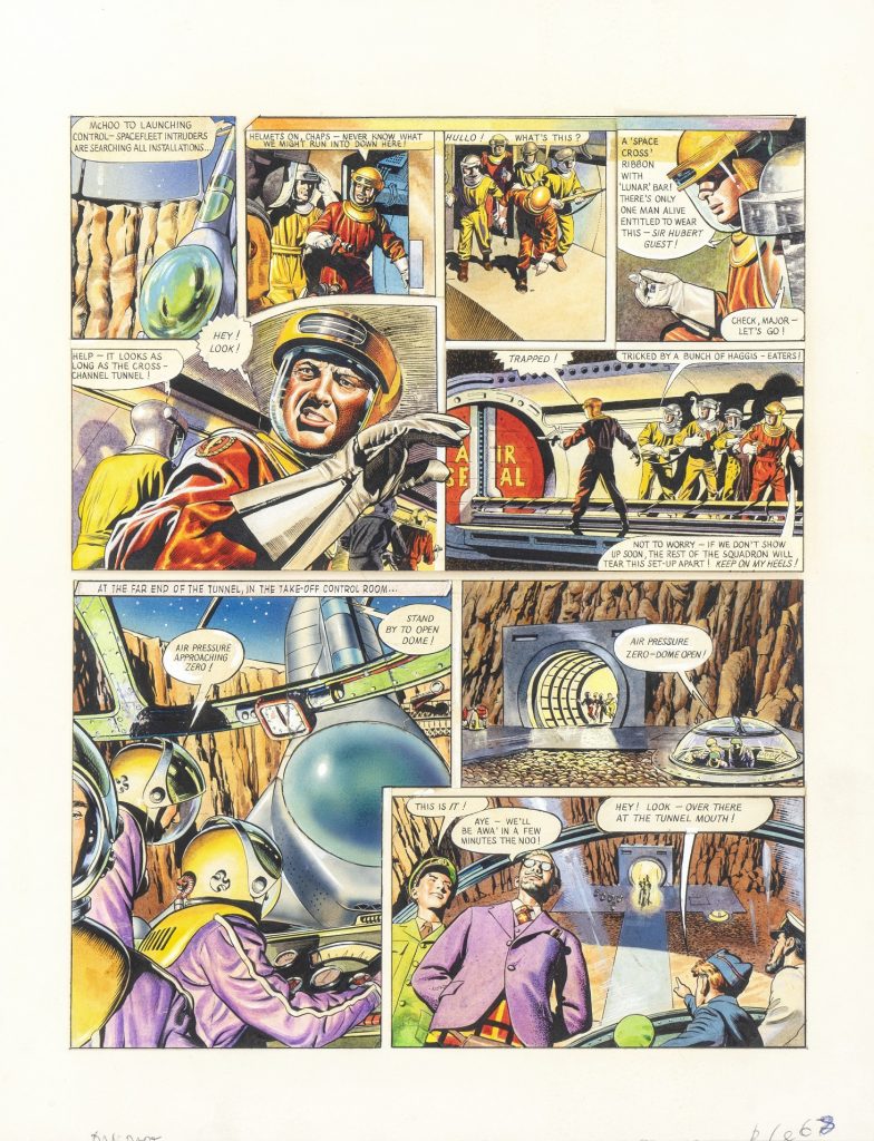 A "Dan Dare" page from the story "Safari in Space", one of the last drawn and credited to Frank Hampson, a story on which he was assisted by Don Harley, Keith Watson and Gerald Palmer
