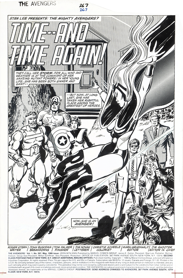 Original title page created by Buscema for "Time And Time Again!", in The Avengers #267 by Marvel in 1986, inked by Tom Palmer