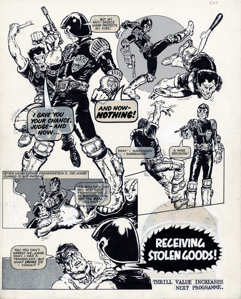 The first "Judge Dredd" strip that Mick was commissioned to draw in 1976 - "Body Snatchers / Frankenstein2" eventually scheduled to be published in Prog 6, cover dated 2nd April 1977. Via Art Droids