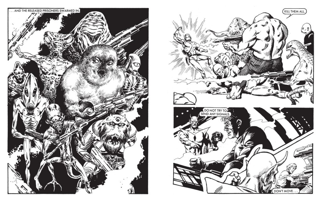 Pages from the Starblazer story "Operation Overkill", written by Grant Morrison with art by Enrique Alcatena