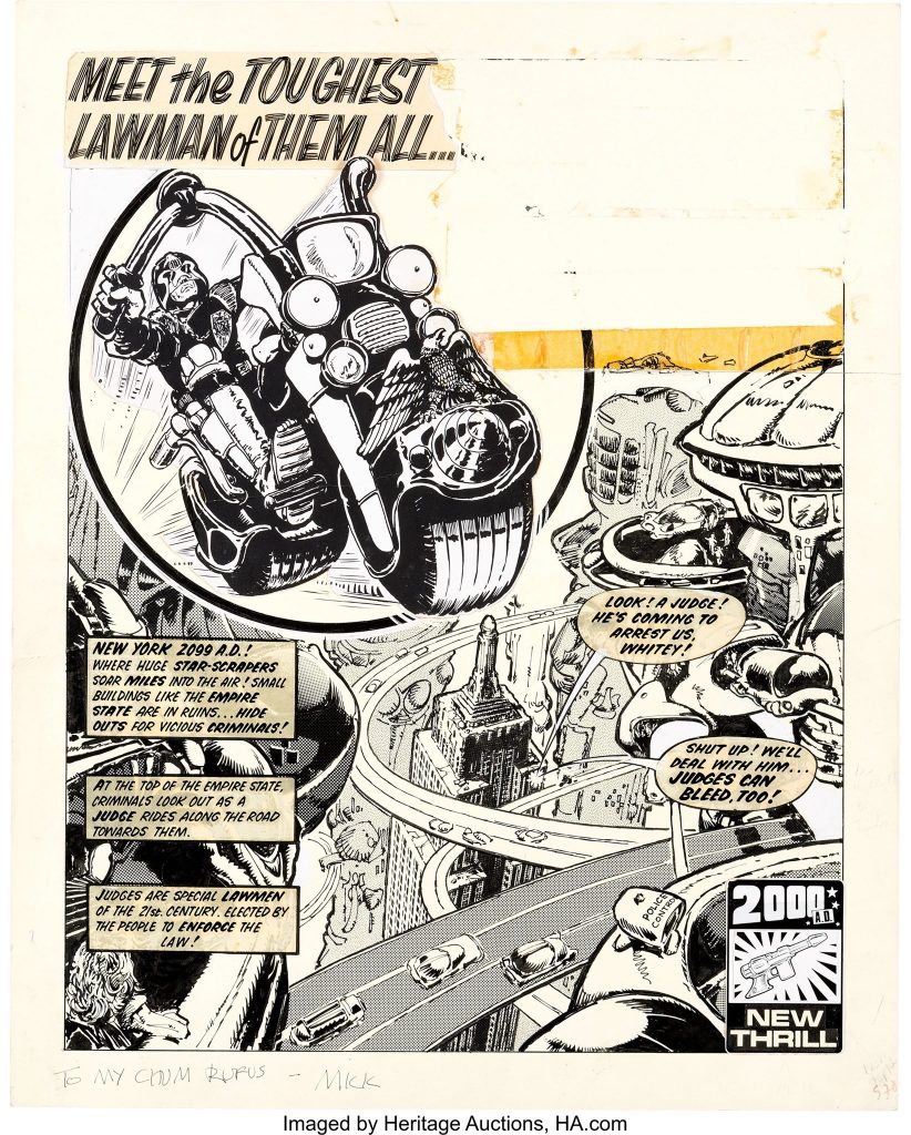 Mike McMahon's first published "Judge Dredd" strip for 2000 AD, published in Prog 2 in 1977. The first panel is a stat of art by Carlos Ezquerra, who designed the character, co-created with John Wagner