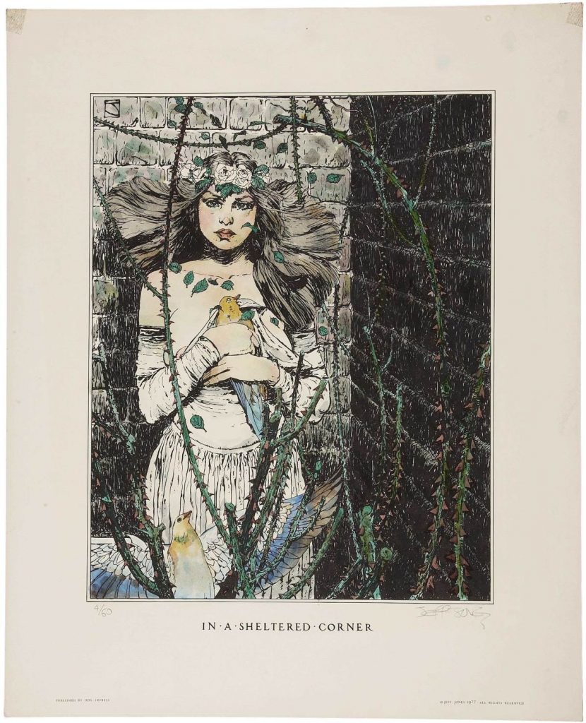 Jeffrey Jones, "In a Sheltered Corner" (Idyl Impress, 1977), hand-coloured, limited-edition lithograph, 17 x 21 inches | Via Ragged Claws