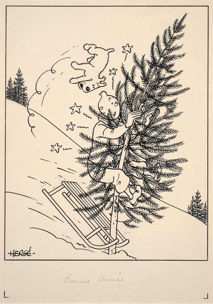 One of Hergé’s greeting cards, signed and annotated Happy New Year by Hergé