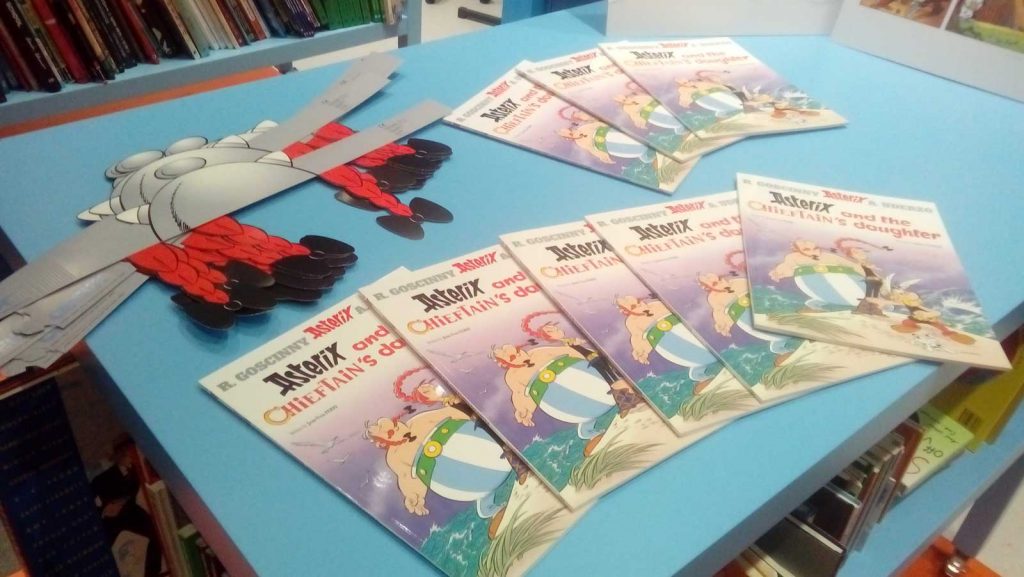 Copies of "Asterix and the Chieftain's Daughter" on display at the Cartoon Museum-hosted book launch. Photo: Richard Sheaf