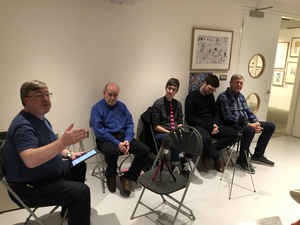 Comics Jam: Celebrating and Preserving British Comics panel chaired by Steve Holland (left) with David Huxley, Comics Laureate Hannah Berry, Rob Power from Rebellion and collector Peter Hansen