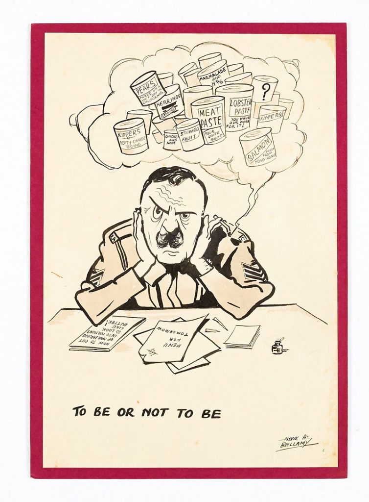 A Frank Bellamy original signed sketch (1940s) 'To Be or Not To Be'. The Catering Corps Sergeant in a dilemma over the troops tinned rations menu. (Probably hung in the Sgt's Mess!) From the Bob Monkhouse archive