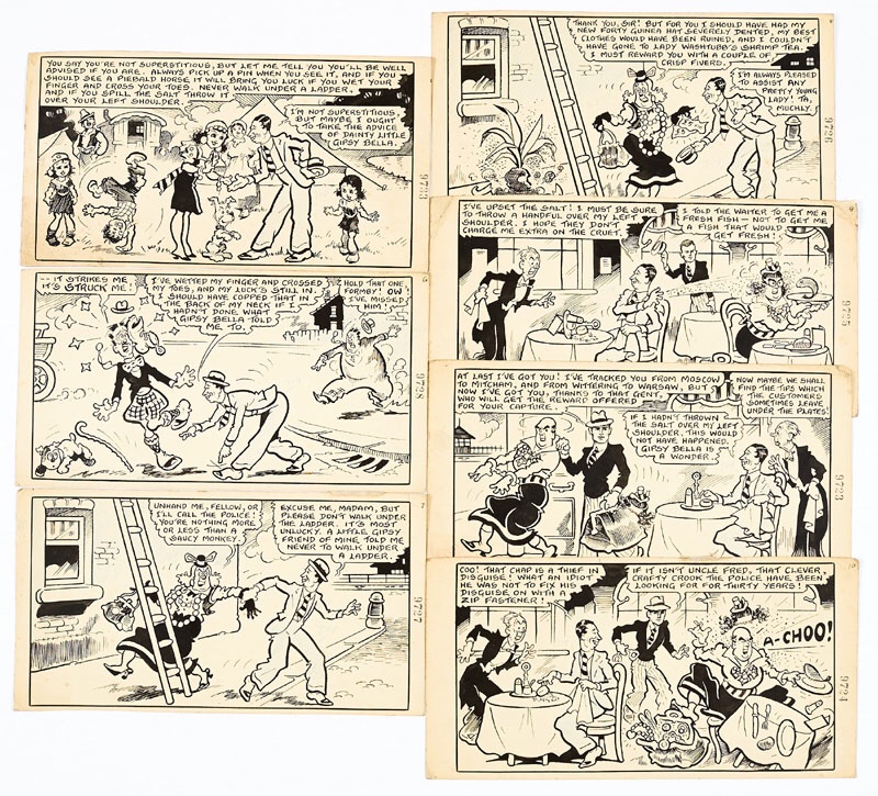 George Formby original artwork in seven consecutive story panels by George Wakefield from Film Fun No 17, May 23 1942 From the Bob Monkhouse archive. George gets his future superstitions told by Little Gipsy Bella bringing mayhem to all who cross his path...