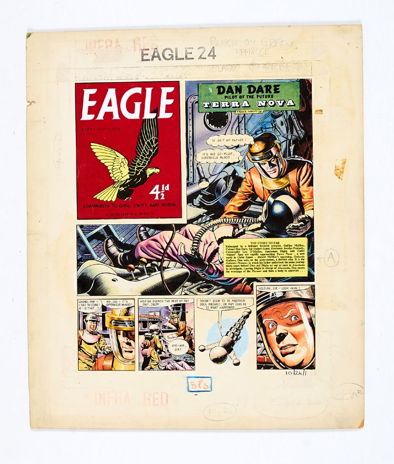 Dan Dare original front cover artwork (1959) drawn and painted by Frank Hampson for The Eagle Volume 10 No 24, 1959. Dan’s father had gone missing 30 years before and boarding his derelict ship, Galactic Pioneer, Dan enters the wreckage to find a body in a spacesuit… Bright watercolour on board. Eagle logo, story title and ‘Story so far’ word panels are laser colour copies. 20 x 16 ins. Comic Book Auctions are delighted to offer this iconic piece on behalf of the Home from Home Charity who care for over 200 vulnerable children through a network of 36 small family homes across South Africa. The hope is that one day the orphans will either be re-united with their biological families, or failing that, Home from Home will continue to provide them with the best possible foundation to lead happy, successful lives. There will be no 19% buyer's premium on this charity lot.