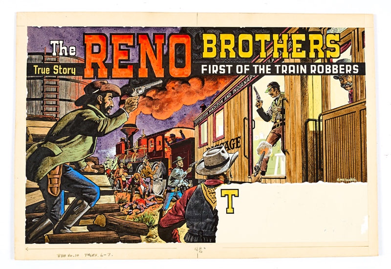 Reno Brothers original double page artwork painted and signed by Denis McLoughlin (1958) from The Buffalo Bill Annual No 10 pages 6 and 7. From a true story, the Reno Brothers were the first identified train robbers and here they are holding up the Jefferson Madison and Indiana railroad. McLoughlin's detailed understanding of perspective is brilliantly captured in this all-action, fresh coloured illustration Poster colour on board. 20 x 14 ins