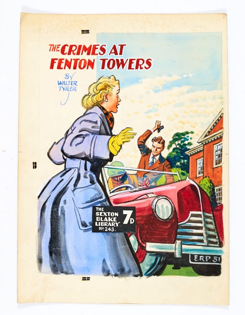 Sexton Blake: The Crimes at Fenton Towers original cover artwork by Eric Parker for Sexton Blake Library No 243 (1951). Parker clandestinely initialled his work via the car's number plate 'ERP 51' adding the year. Bright poster colour on board. 14 x 19 ins