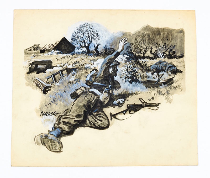 Original artwork drawn and signed by Eric Parker showing a commando blowing up a German machine-gun nest. Used as a chapter illustration for The Ranger (1960s). From the Eric Parker Archive of original art. Black and white wash on board. 17 x 15 ins