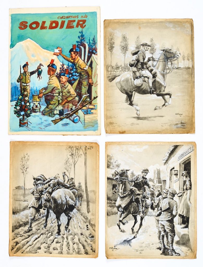 The Soldier official magazine of the British Army original preparatory cover artwork by Eric Parker (1950s) with three WWI mounted regiment original illustrations signed and dated 1918 (dog-eared at the edges). Some of Parker's earliest work for British Military Intelligence. From the Eric Parker Archive of original art. Watercolour on board, ink and wash on paper. 11 x 9 ins (Four artworks)