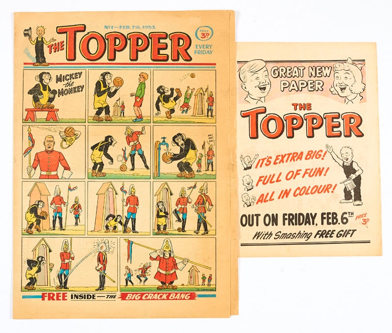 Topper No 1 (1953) with 4-page No 1 Flyer; featuring Mickey The Monkey and Treasure Island by Dudley Watkins, Beryl The Peril by Davy Law