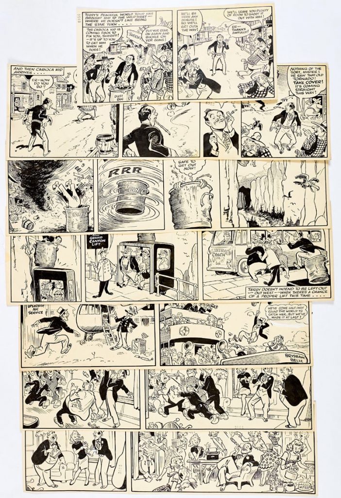 Terry-Thomas/Film Fun 7 original story strips for Film Fun (20 Nov and Dec 13 1960) by Terry Wakefield. From the Bob Monkhouse Archive. Terry's in the reasonably Wild West before he saves the day on the Brisbane Belle. Indian ink on cartridge paper. 1 strip: 13 x 7 ins, 6 strips: 21 x 7 ins (7 artworks)
