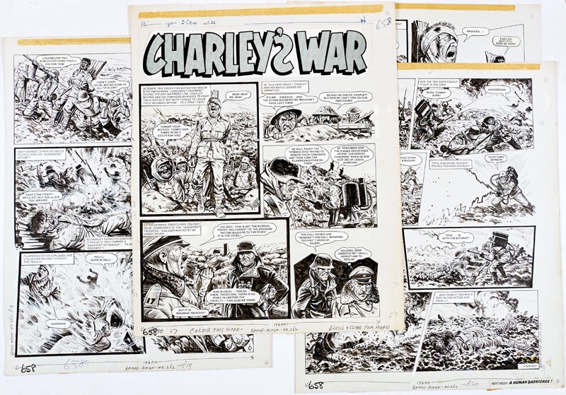 Charley's War: Four original artworks by Joe Colquhoun from Battle-Action 269 (1979), forming a complete episode. The German 'Judgement Troopers' seize the British front line in October 1916 tying wounded British soldiers to the stake, exposing them to a counter attack which Charley Bourne and the Westshires ignore, charging headlong into the Boche flamethrowers... Indian ink on cartridge paper. 17 x 15 ins each (4)